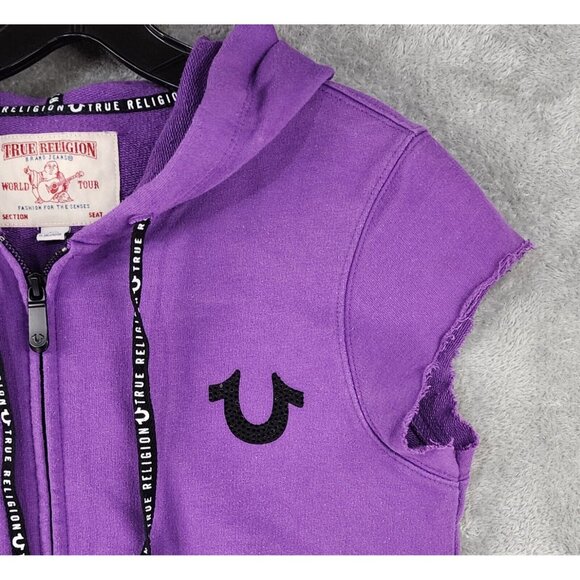 True Religion Hoodie Womens Small Purple Full Zip Cutoff Sleeves Sweatshirt - Picture 8 of 11